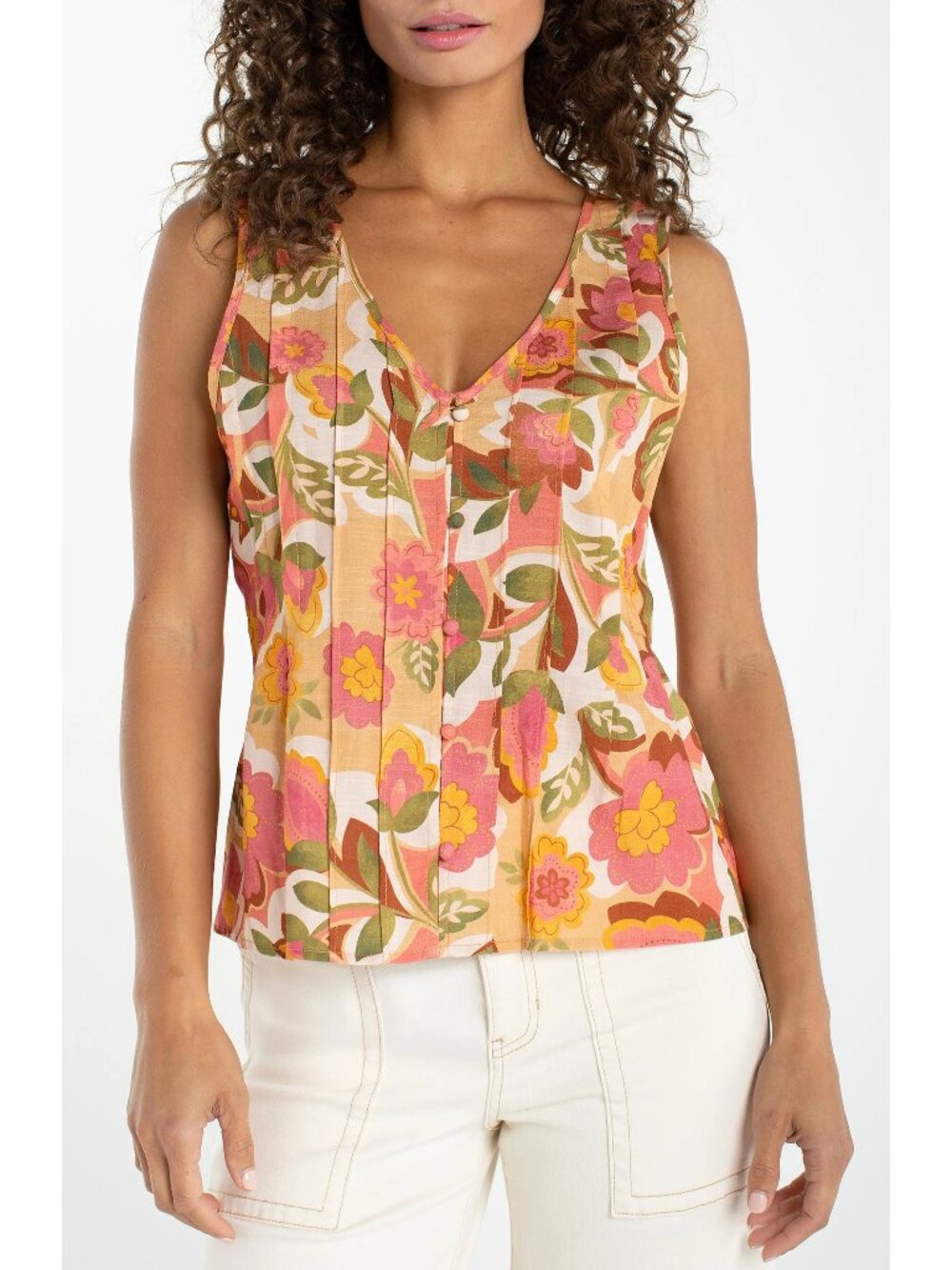 New Liverpool Los Angeles Floral Pleated Sleeveless Top Tan Multi Size M